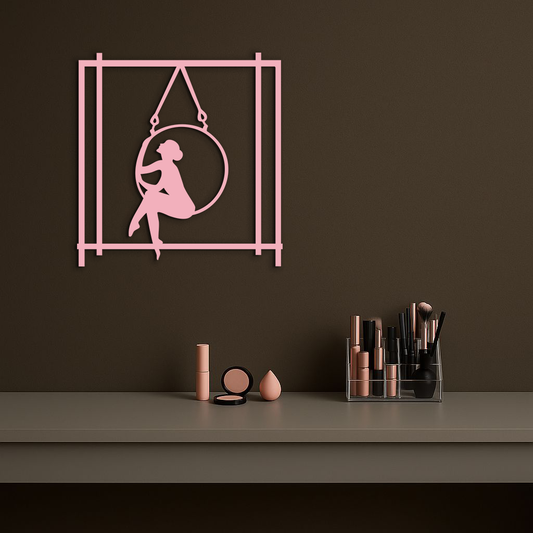 Woman on Hanging Ring Silhouette Modern Home Décor - Pink Metal Wall Art - KAFGP158