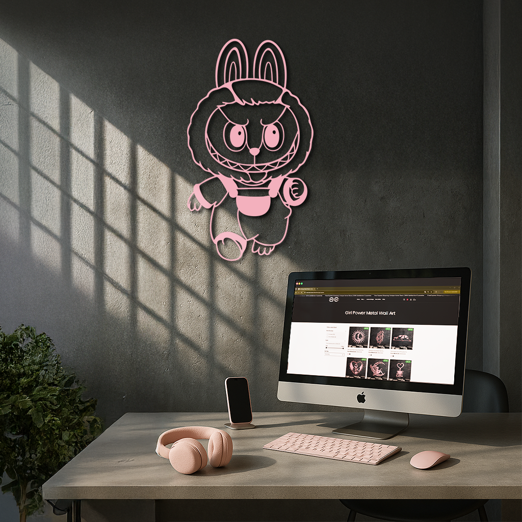 Labubu Bunny Costume Silhouette Modern Home Décor - Pink Metal Wall Art - KAFGP167