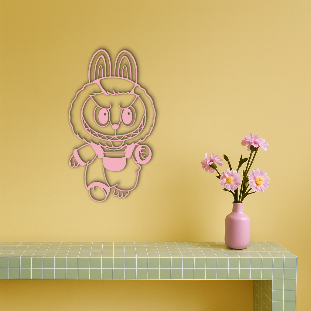 Labubu Bunny Costume Silhouette Modern Home Décor - Pink Metal Wall Art - KAFGP167