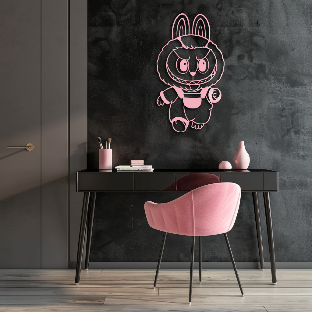 Labubu Bunny Costume Silhouette Modern Home Décor - Pink Metal Wall Art - KAFGP167