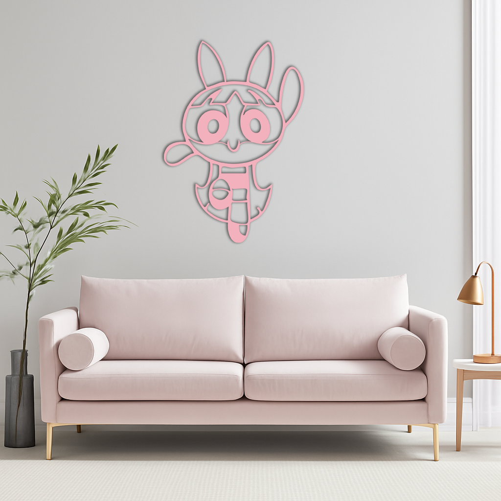 Powerpuff Girl Bunny Style Pink Metal Wall Art – Modern Cartoon Décor - KAFGP177
