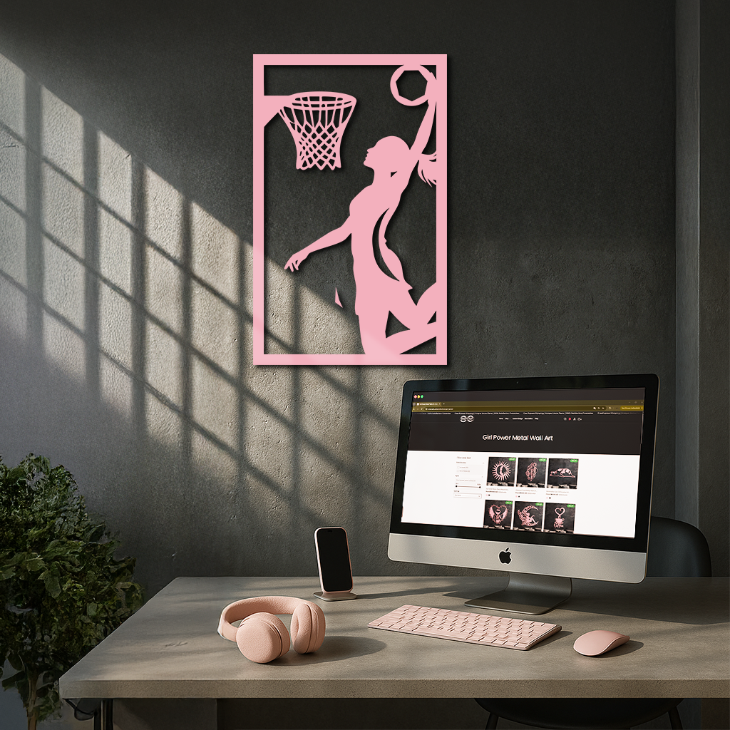 Basketball Girl Silhouette Metal Wall Art – Modern Pink Home Decor - KAFGP184