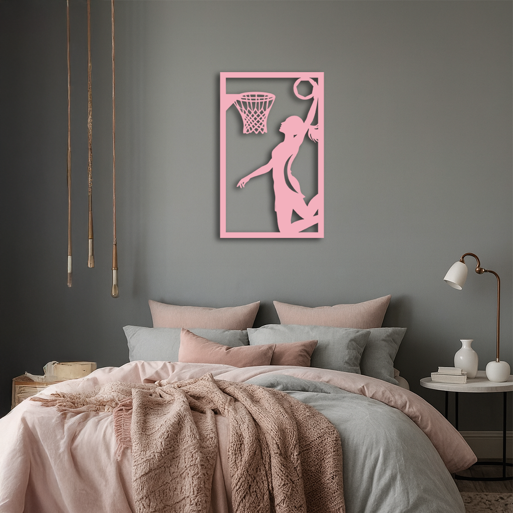 Basketball Girl Silhouette Metal Wall Art – Modern Pink Home Decor - KAFGP184