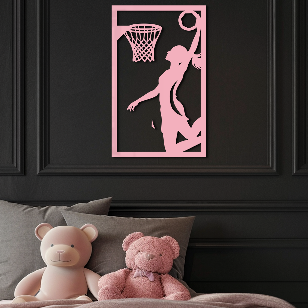 Basketball Girl Silhouette Metal Wall Art – Modern Pink Home Decor - KAFGP184
