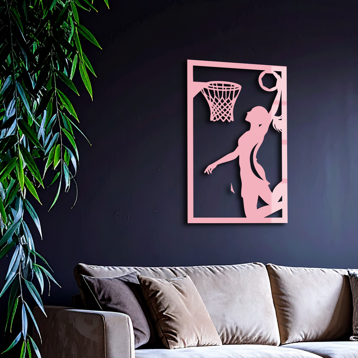 Basketball Girl Silhouette Metal Wall Art – Modern Pink Home Decor - KAFGP184