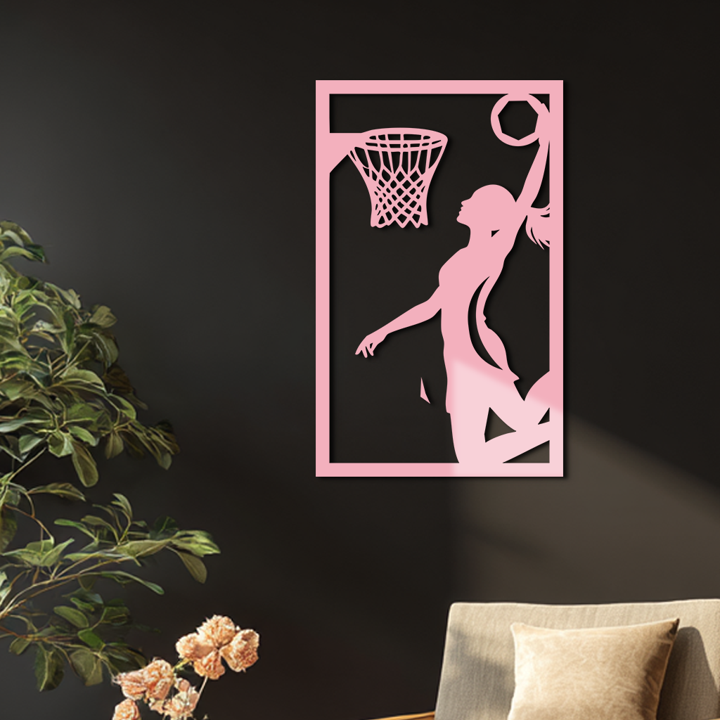 Basketball Girl Silhouette Metal Wall Art – Modern Pink Home Decor - KAFGP184