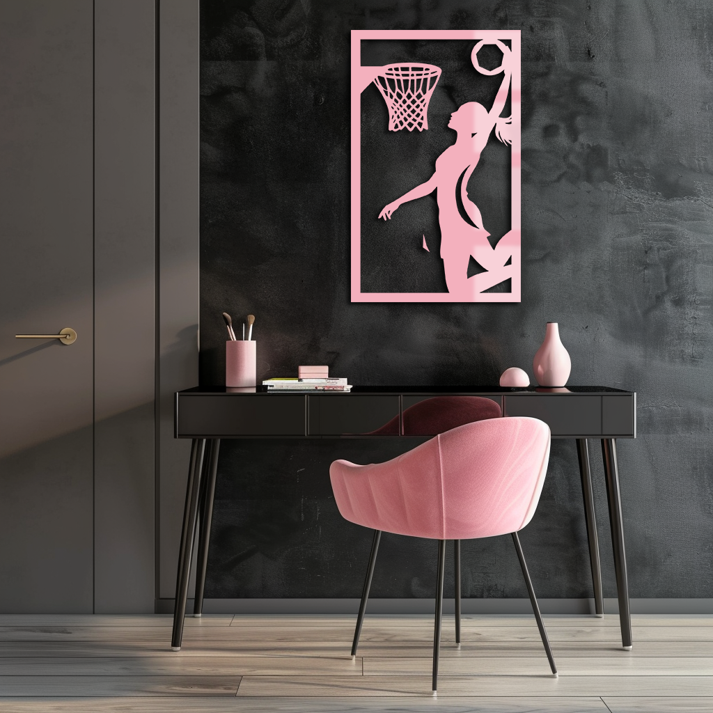 Basketball Girl Silhouette Metal Wall Art – Modern Pink Home Decor - KAFGP184