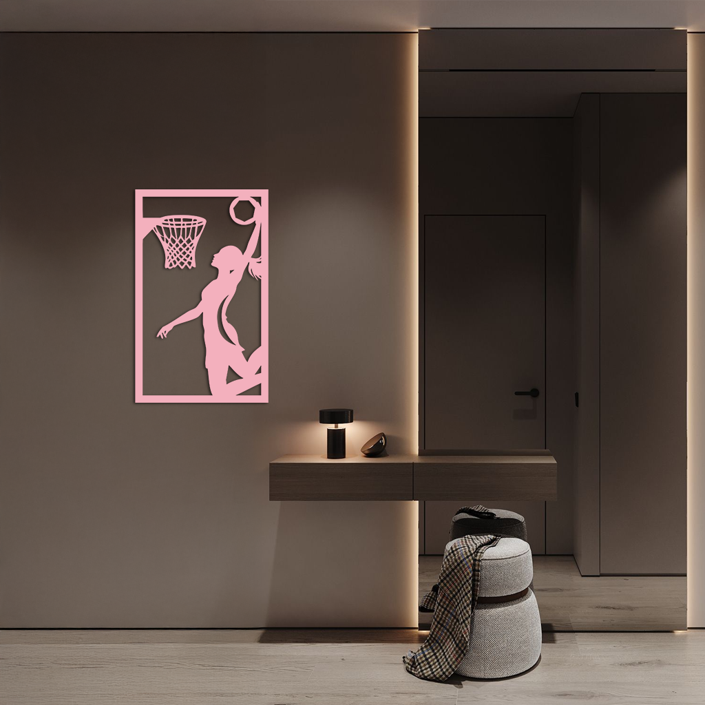 Basketball Girl Silhouette Metal Wall Art – Modern Pink Home Decor - KAFGP184