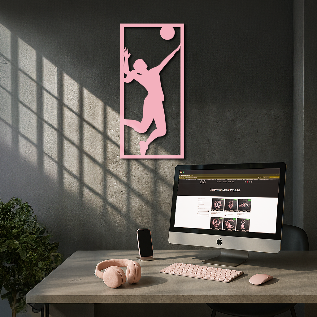 Volleyball Player Silhouette Metal Wall Art - Pink Modern Sports Décor - KAFGP186