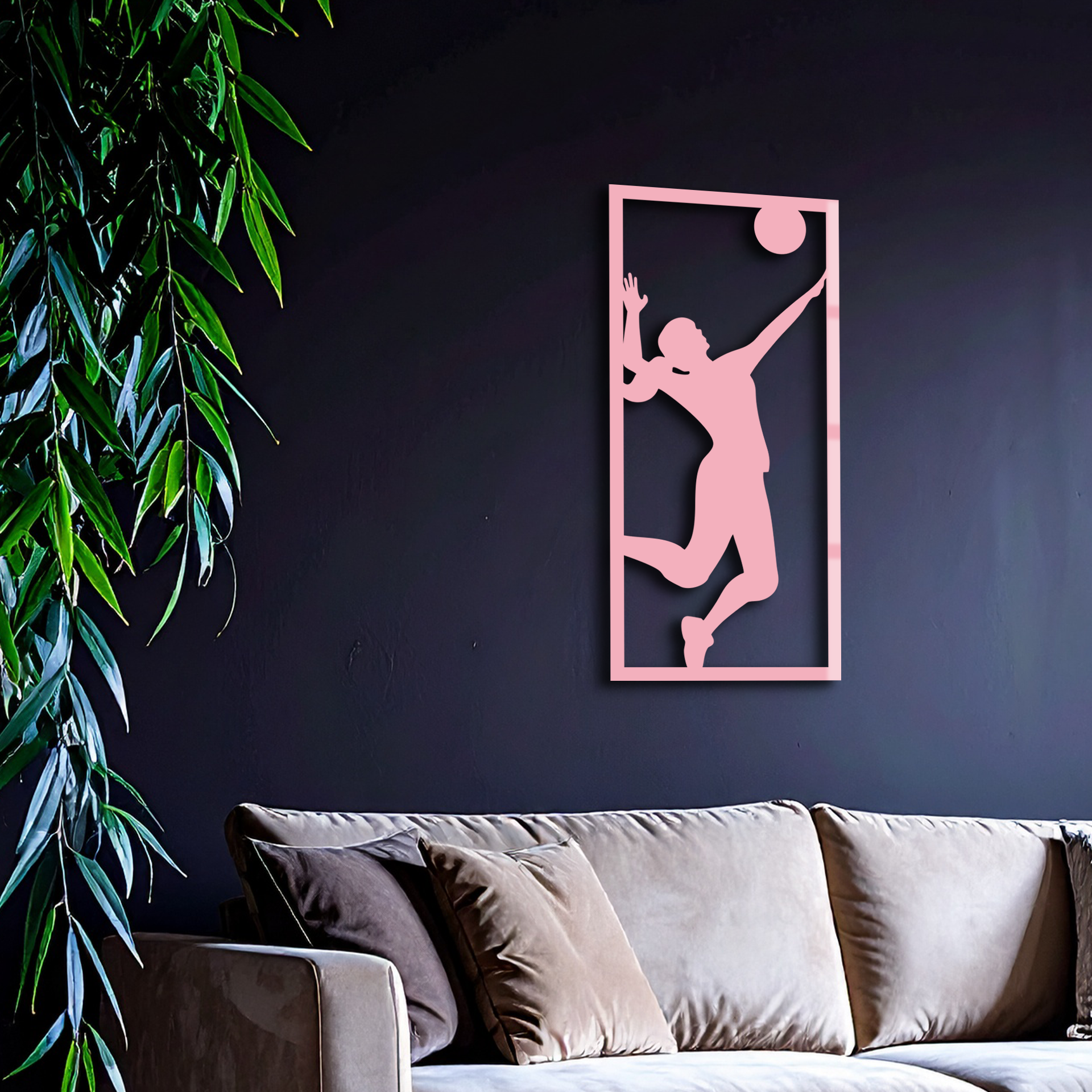 Volleyball Player Silhouette Metal Wall Art - Pink Modern Sports Décor - KAFGP186