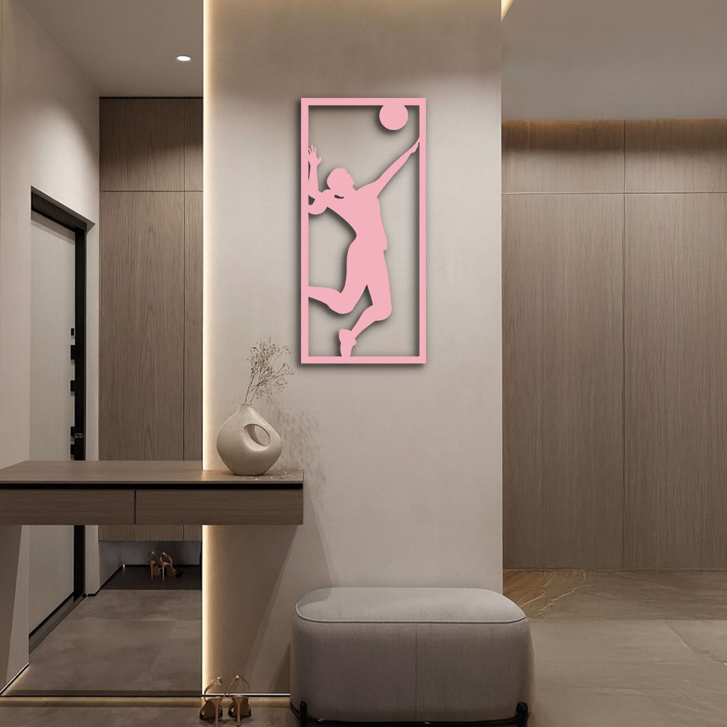 Volleyball Player Silhouette Metal Wall Art - Pink Modern Sports Décor - KAFGP186
