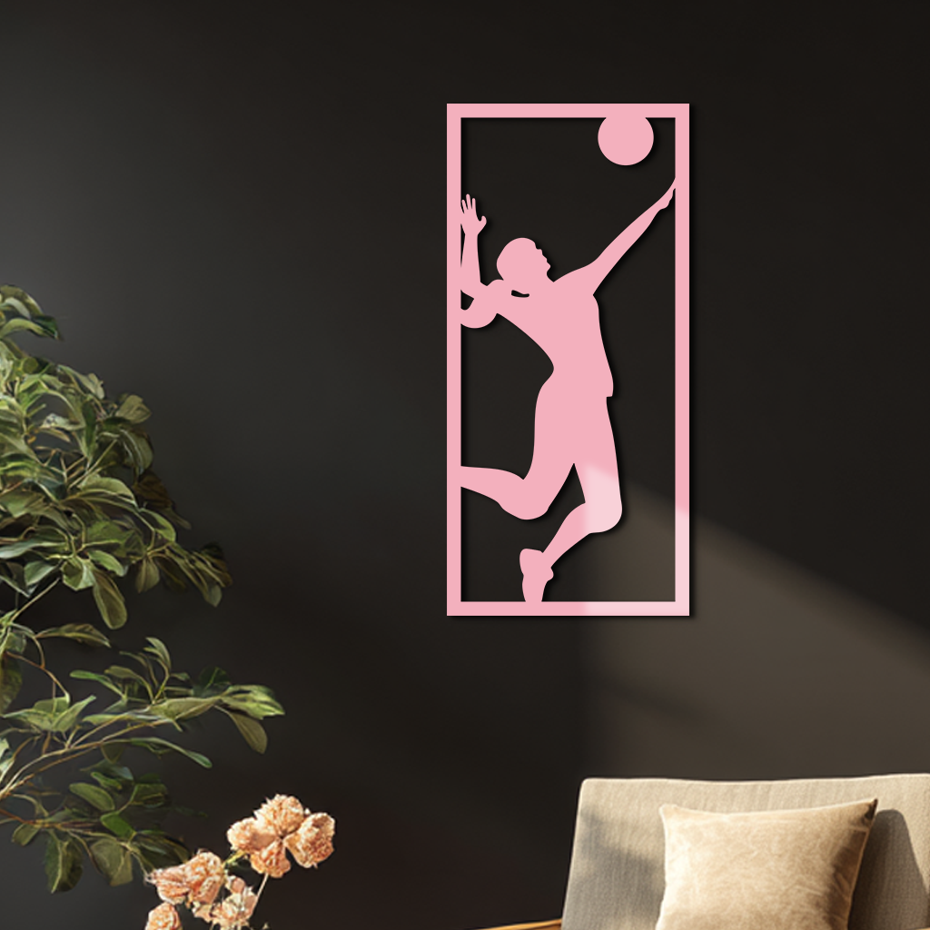 Volleyball Player Silhouette Metal Wall Art - Pink Modern Sports Décor - KAFGP186