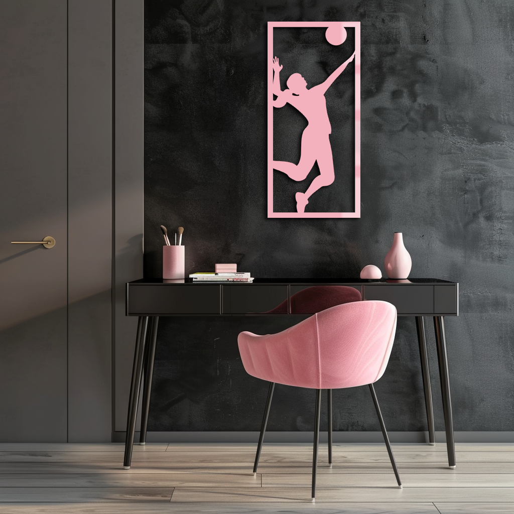 Volleyball Player Silhouette Metal Wall Art - Pink Modern Sports Décor - KAFGP186