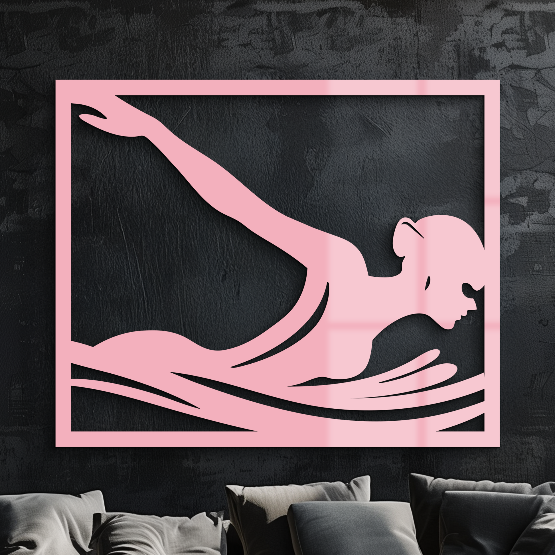 Pink Swimmer Woman Silhouette Metal Wall Art – Sporty Modern Home Decor - KAFGP187