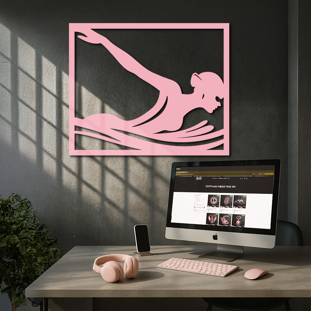 Pink Swimmer Woman Silhouette Metal Wall Art – Sporty Modern Home Decor - KAFGP187
