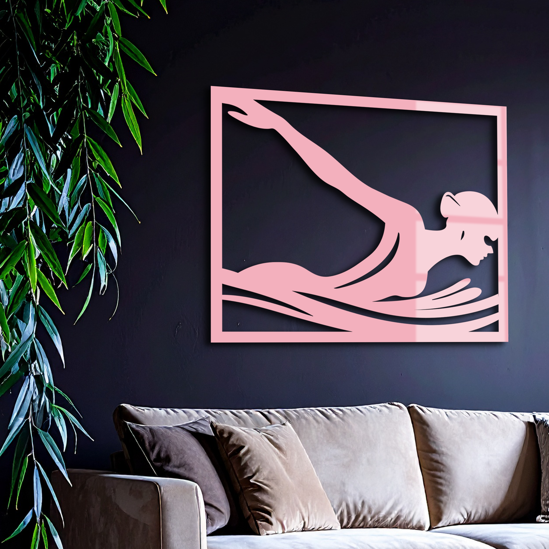 Pink Swimmer Woman Silhouette Metal Wall Art – Sporty Modern Home Decor - KAFGP187