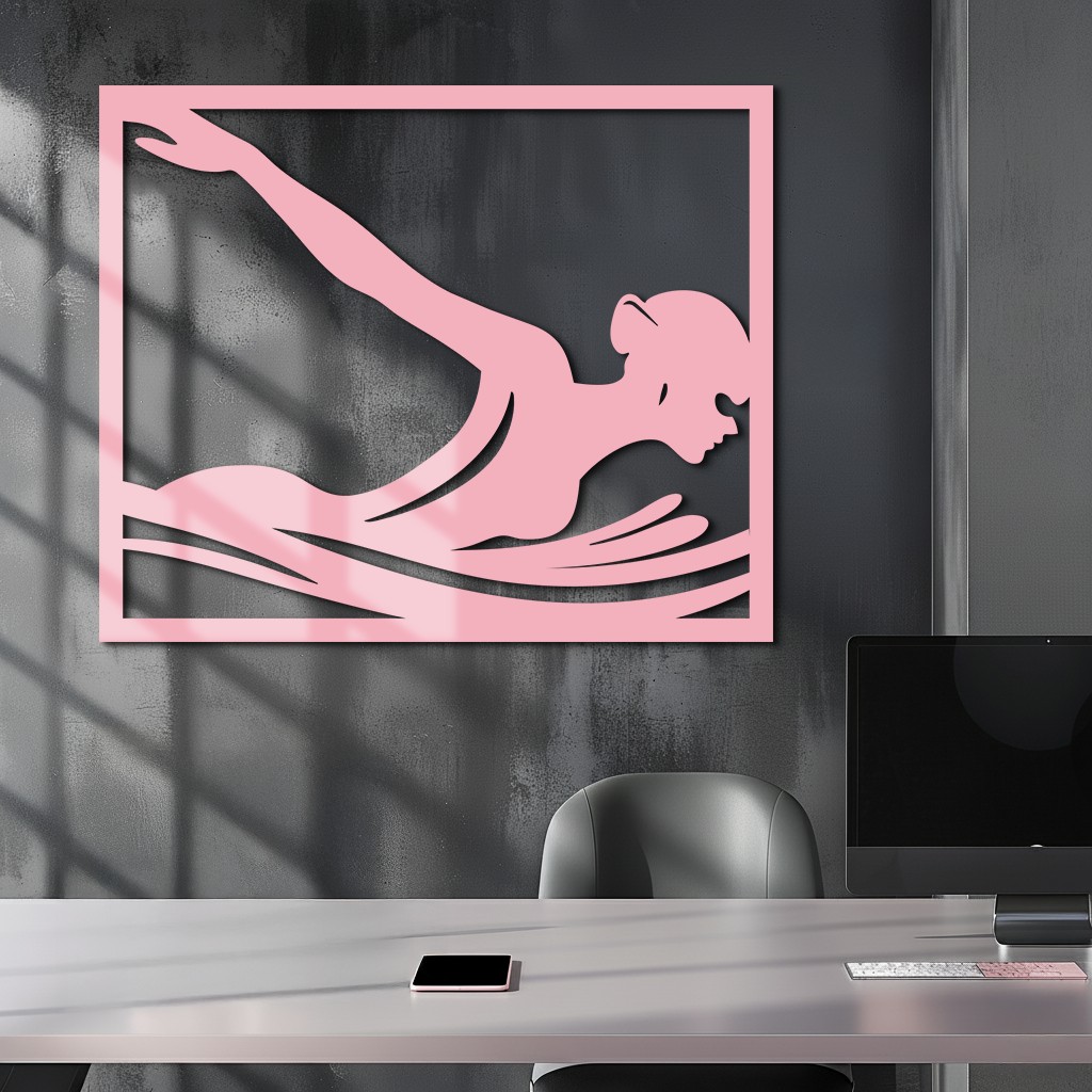 Pink Swimmer Woman Silhouette Metal Wall Art – Sporty Modern Home Decor - KAFGP187