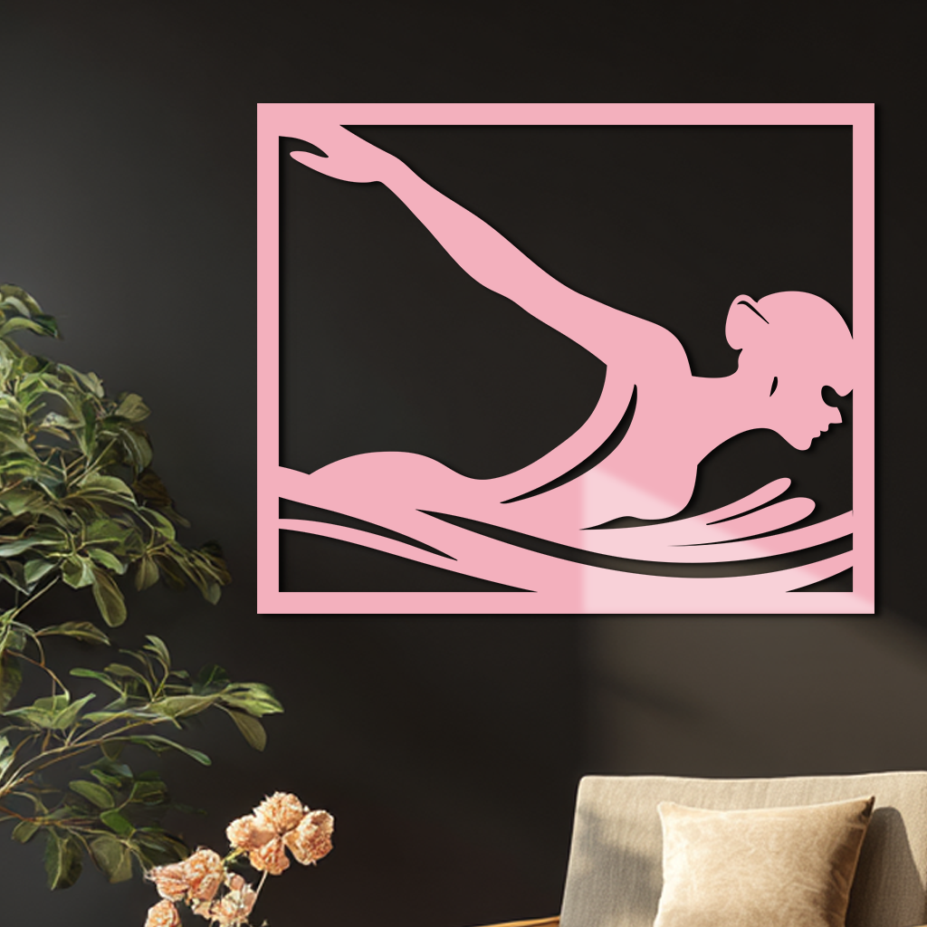 Pink Swimmer Woman Silhouette Metal Wall Art – Sporty Modern Home Decor - KAFGP187