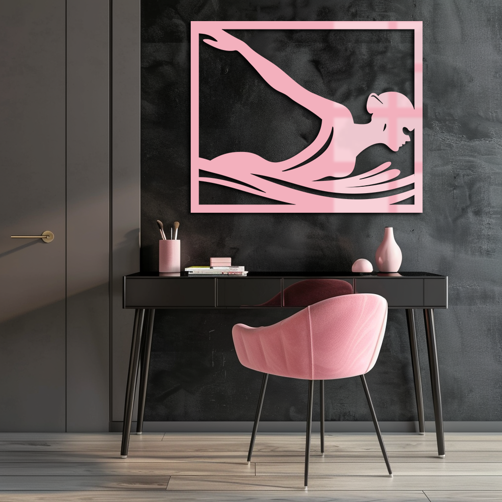 Pink Swimmer Woman Silhouette Metal Wall Art – Sporty Modern Home Decor - KAFGP187