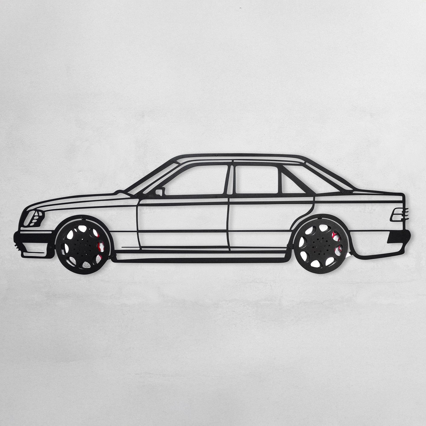 Mercedes W124 Wall Art – Classic Steel Silhouette with Spinning Wheels-KAFMEKA035