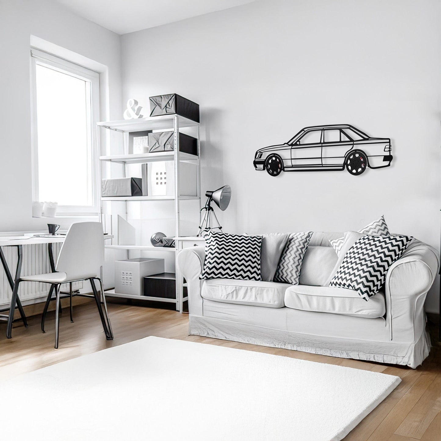Mercedes W124 Wall Art – Classic Steel Silhouette with Spinning Wheels-KAFMEKA035