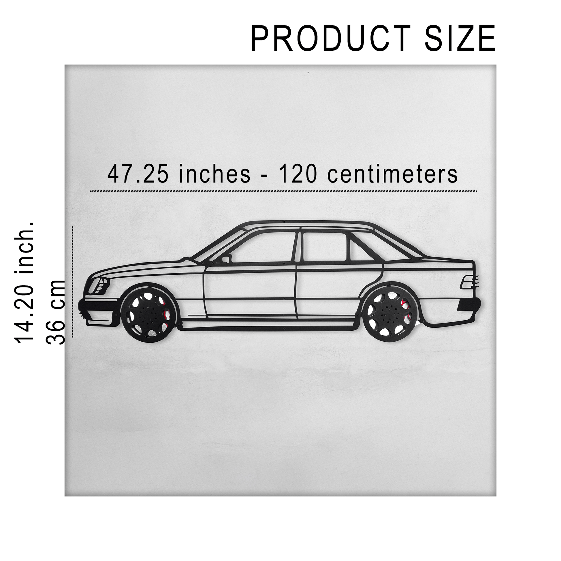 Mercedes W124 Wall Art – Classic Steel Silhouette with Spinning Wheels-KAFMEKA035