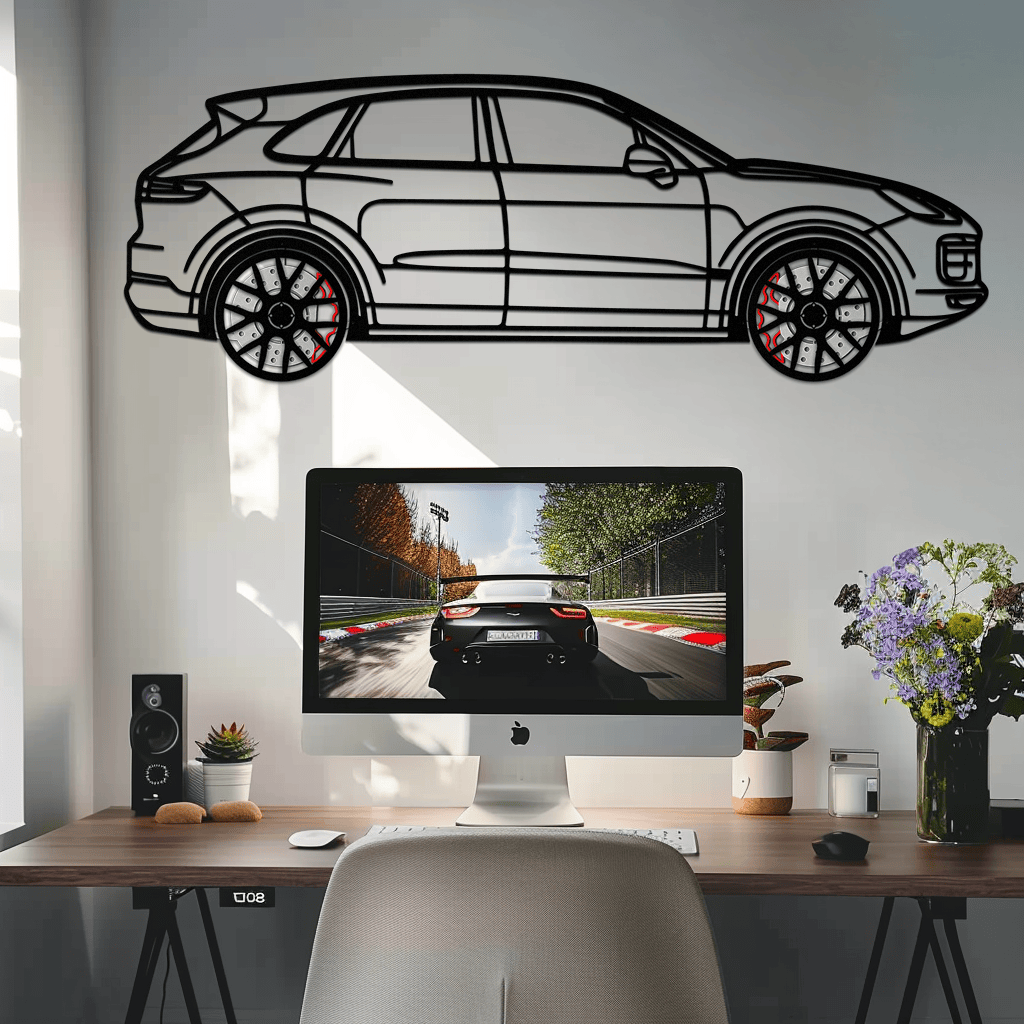 Porsche Cayenne Turbo Metal Wall Art – Luxury SUV Silhouette Decor with Rotating Wheels-KAFMEKA064