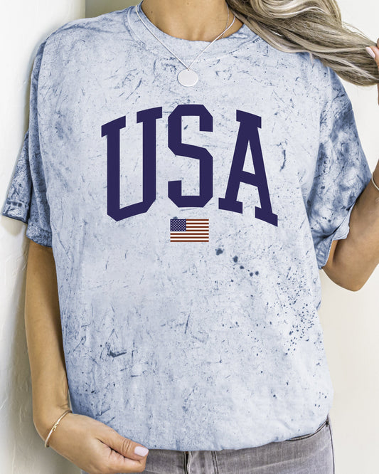 USA Flag Color Blast Patriotic American Pride Emblem in Vintage Americana Style for Independence Day Comfort Colors Tee