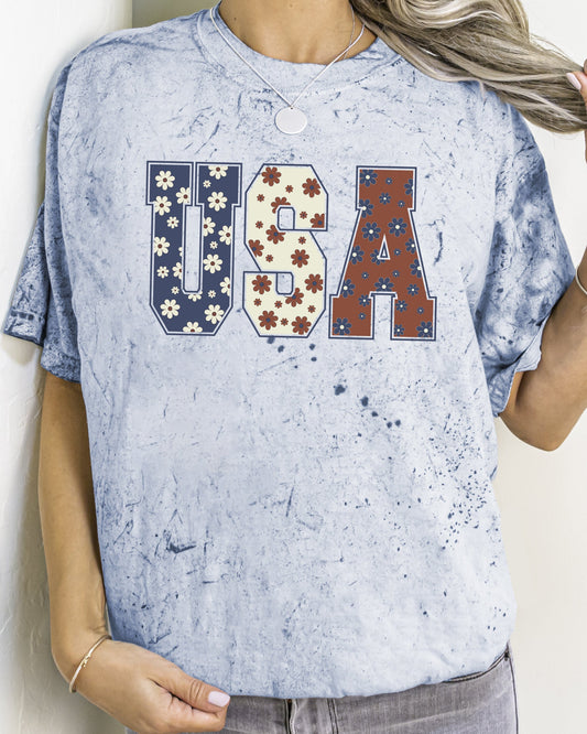 USA Floral Print Patriotic America Color Blast Vintage Inspired Comfort Colors Tee