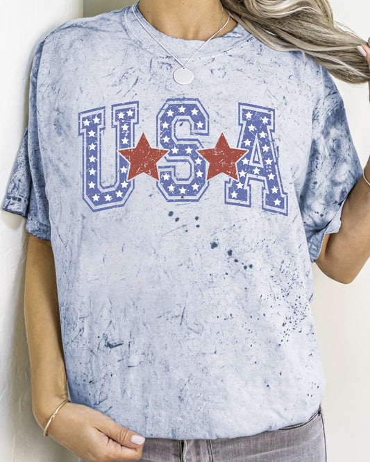 USA Stars Stripes Patriotic Vintage Varsity Style Color Blast Comfort Colors Tee