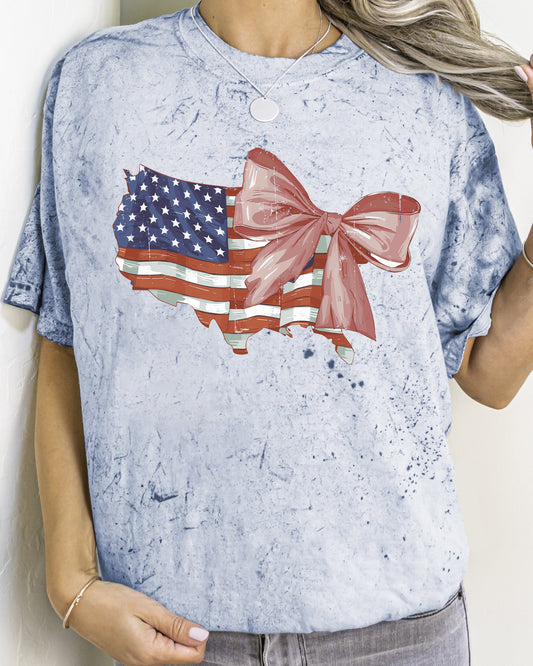 American Flag Bow Ribbon Coquette USA Independence Day Retro Vintage Color Blast Comfort Colors Tee