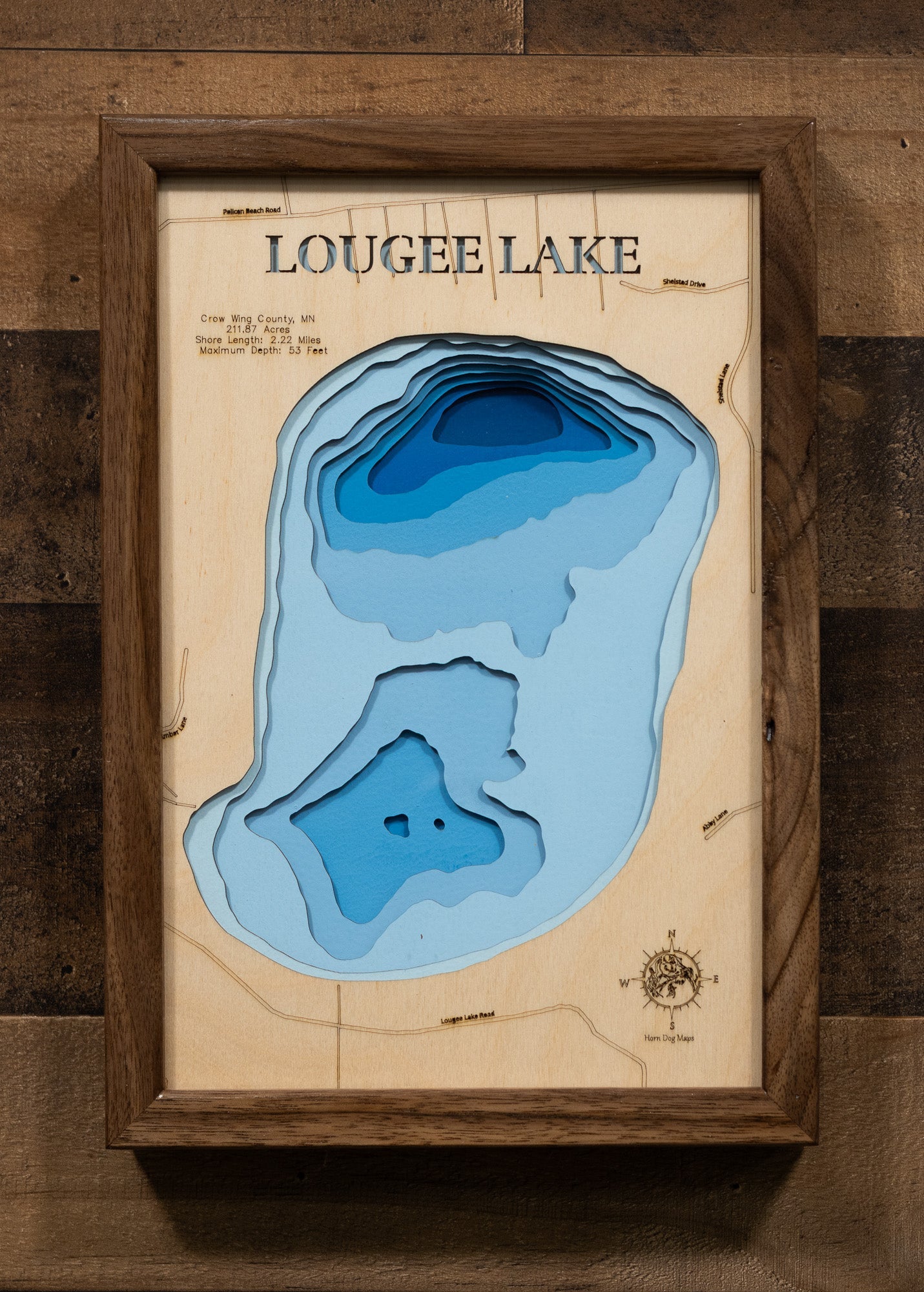 Laser Cut Lake Map of Lougee Lake in Crow Wing County, Minnesota