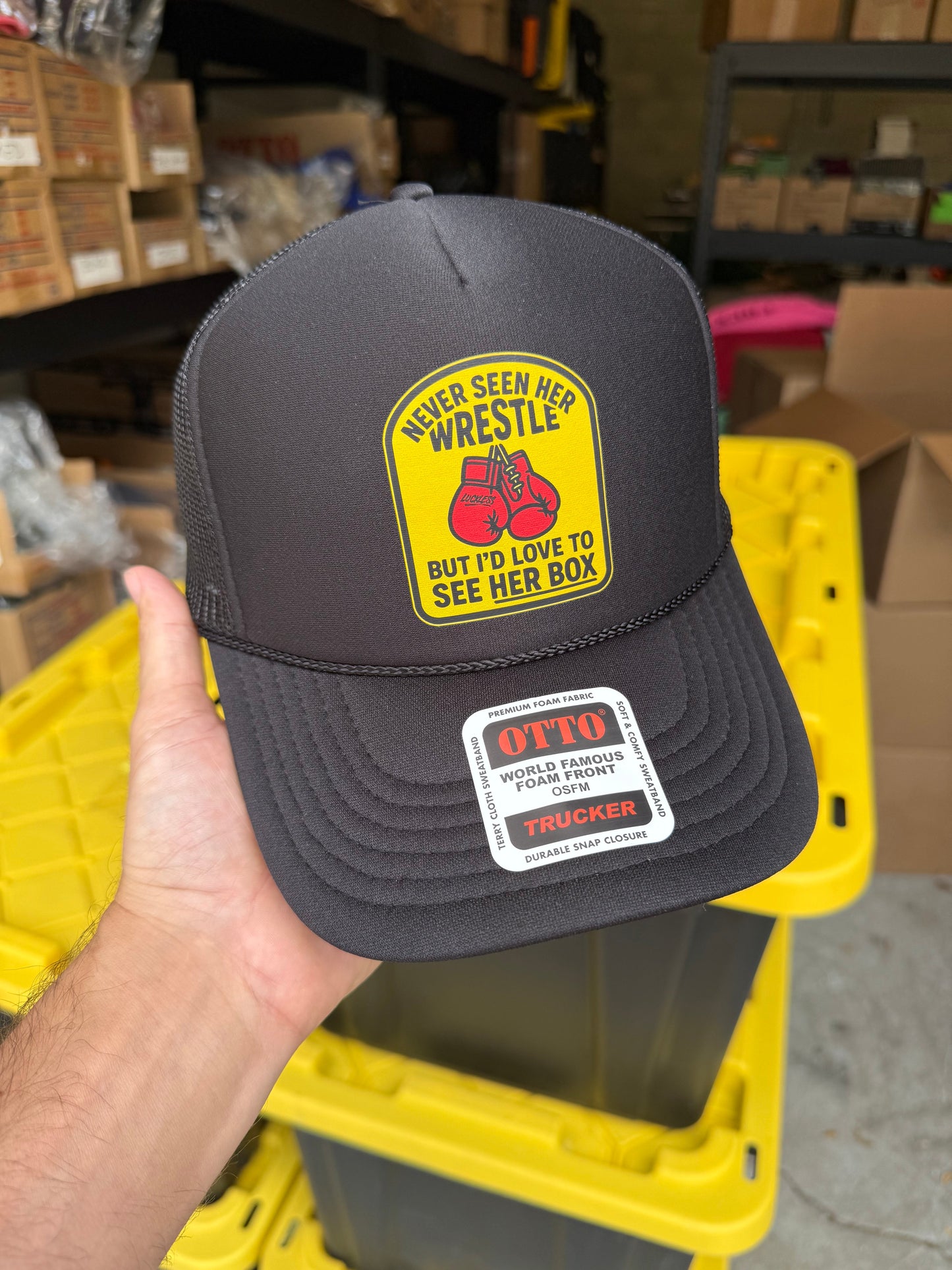 Love To See Her Box Trucker Hat by Luckless Outfitters