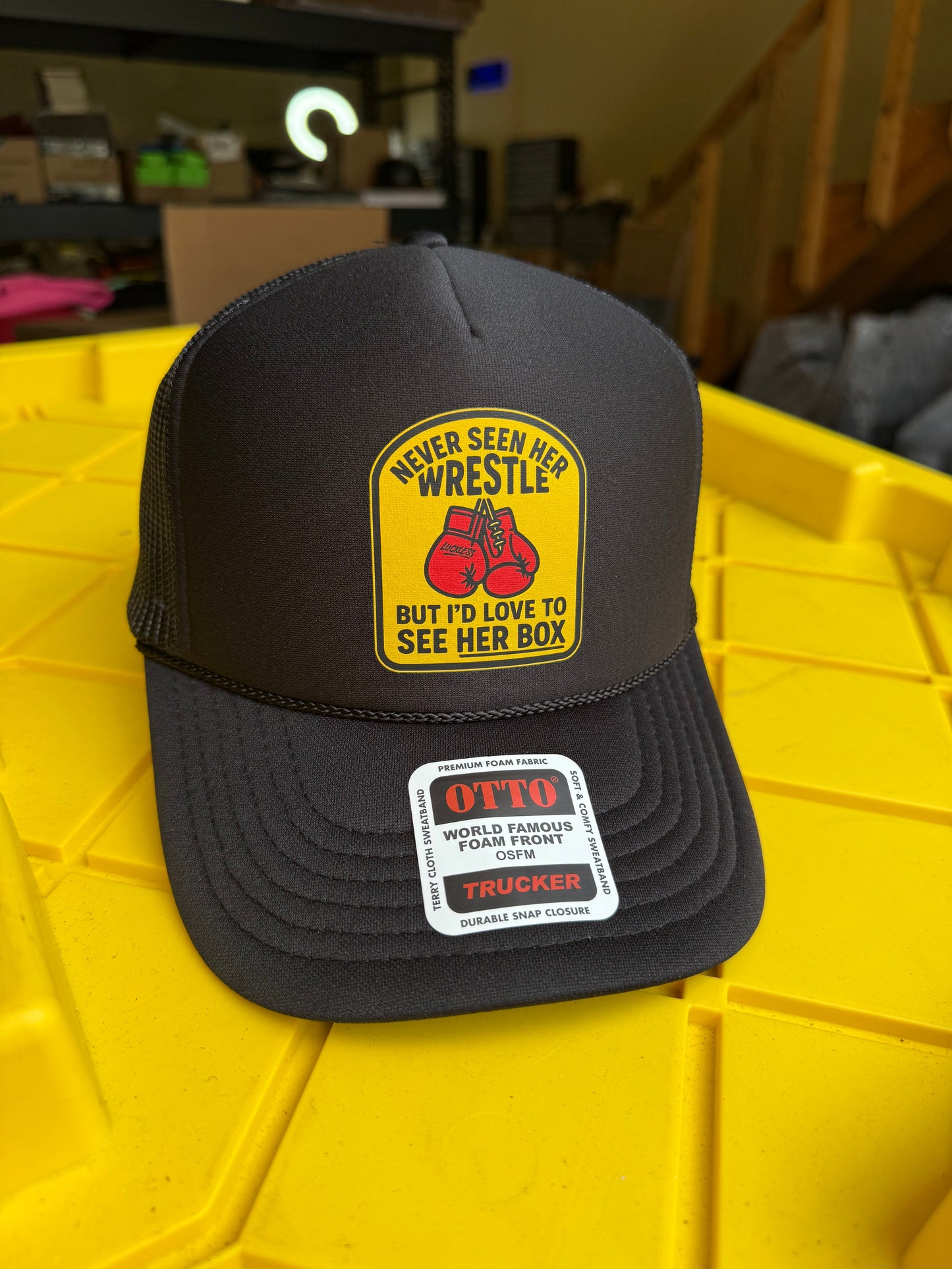 Love To See Her Box Trucker Hat by Luckless Outfitters