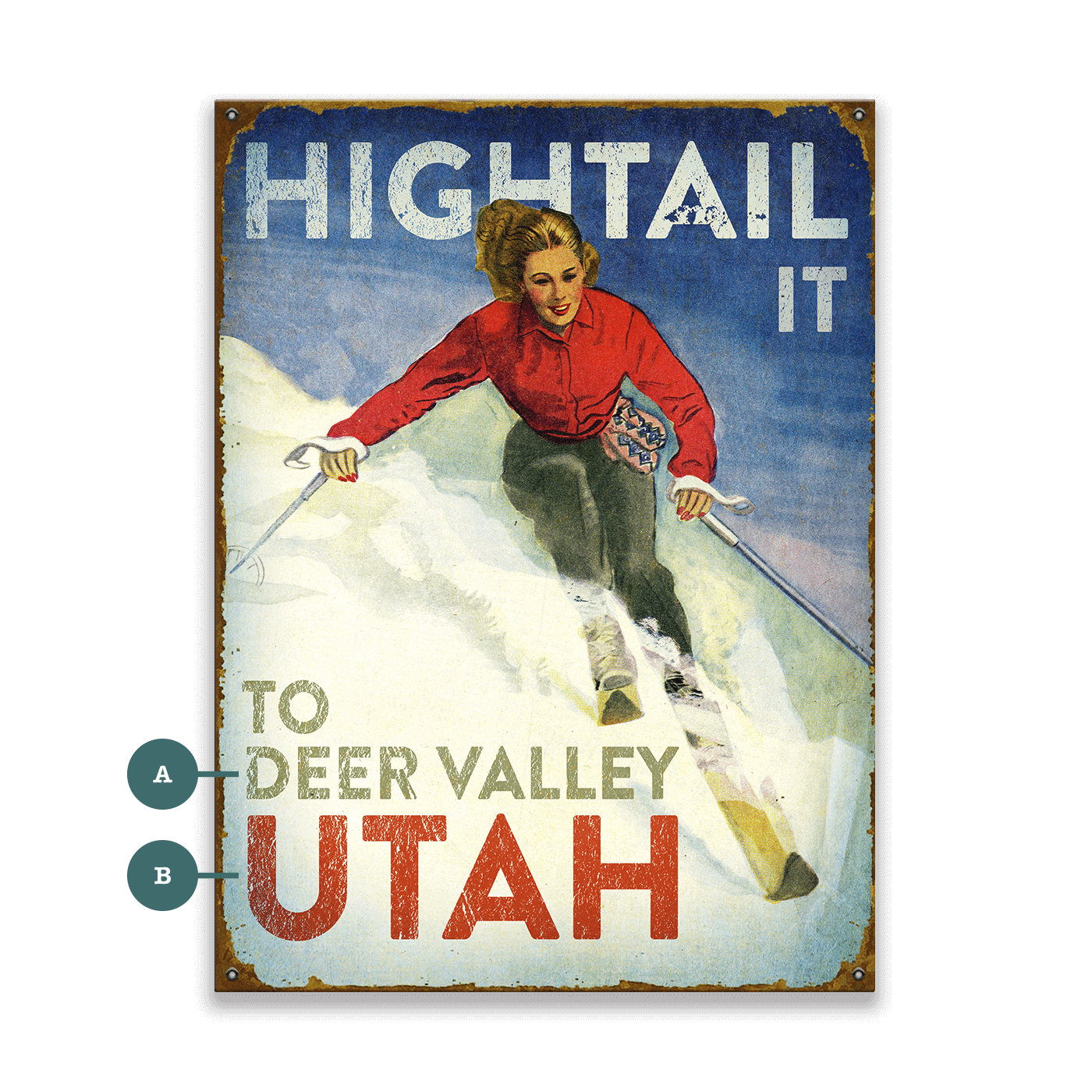 Hightail It: Female Skier - Wood & Metal Wall Art