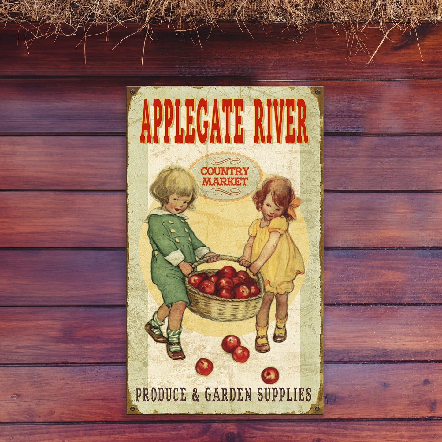 Country Market Kids with Apples - Wood & Metal Wall Art