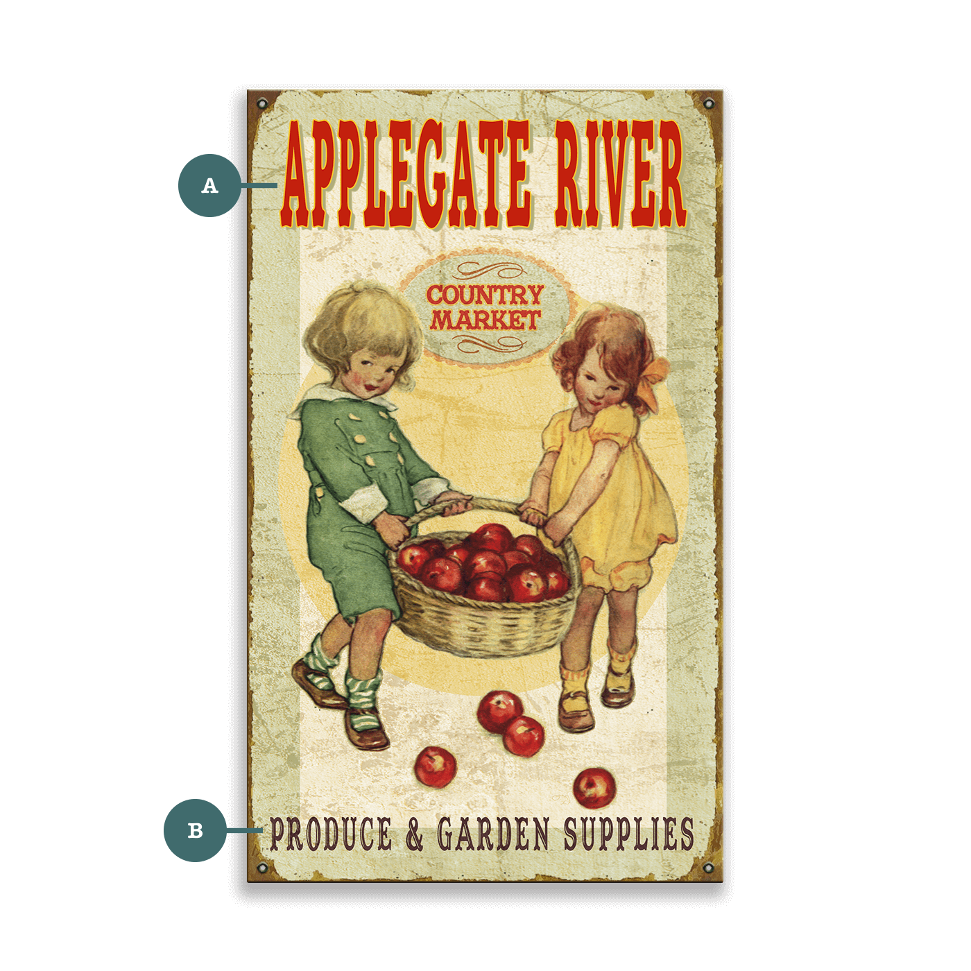 Country Market Kids with Apples - Wood & Metal Wall Art