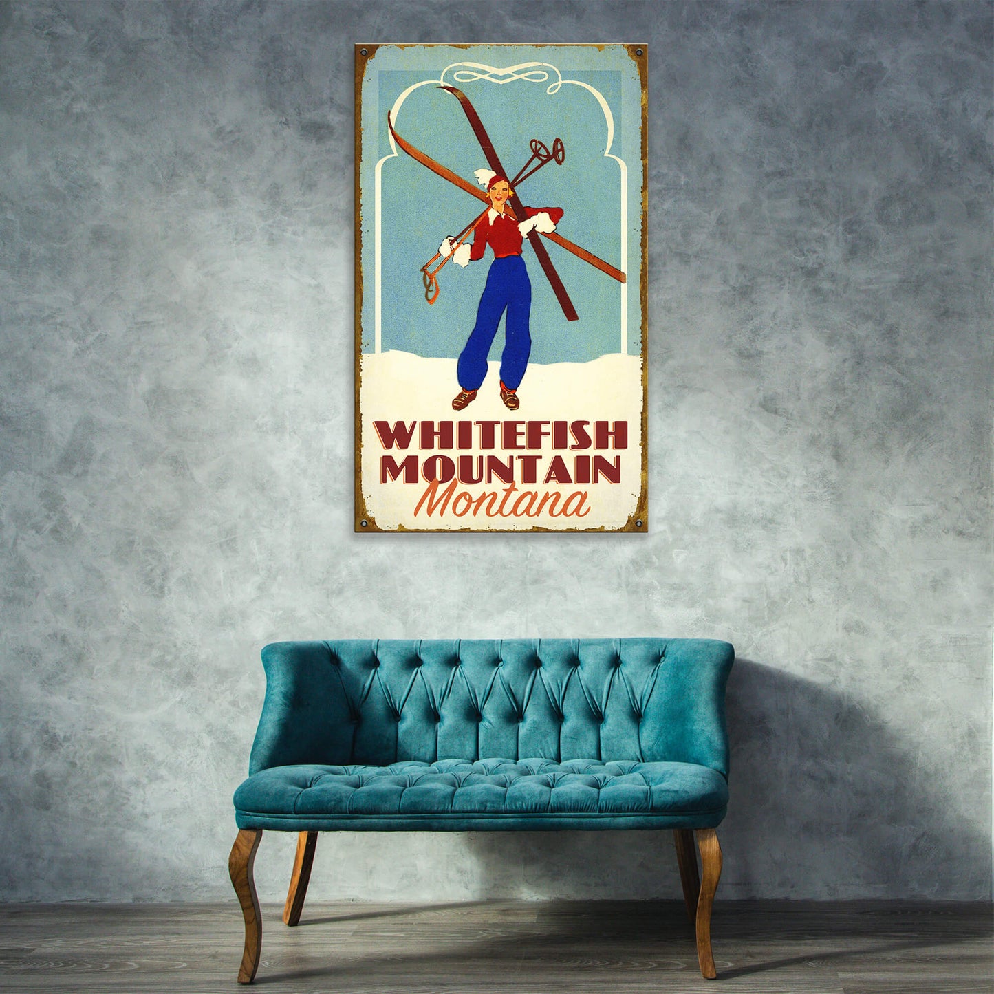 Alpine Glam Girl With Skis - Wood & Metal Wall Art