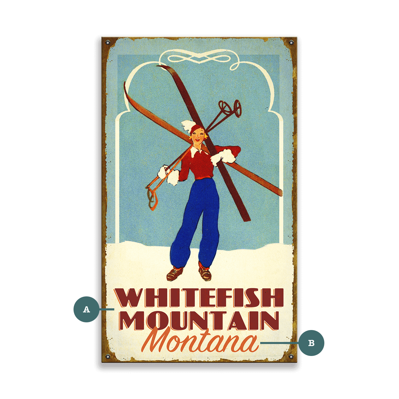Alpine Glam Girl With Skis - Wood & Metal Wall Art