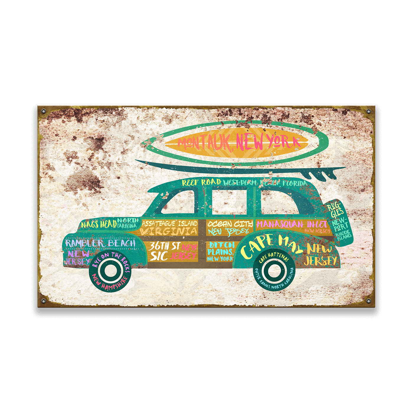 Surf Spots Woody: East Coast - Wood & Metal Wall Art