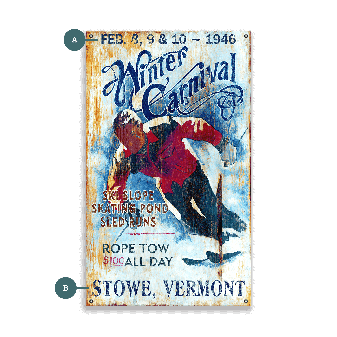 Winter Carnival: Ski, Skate, Sled - Wood & Metal Wall Art