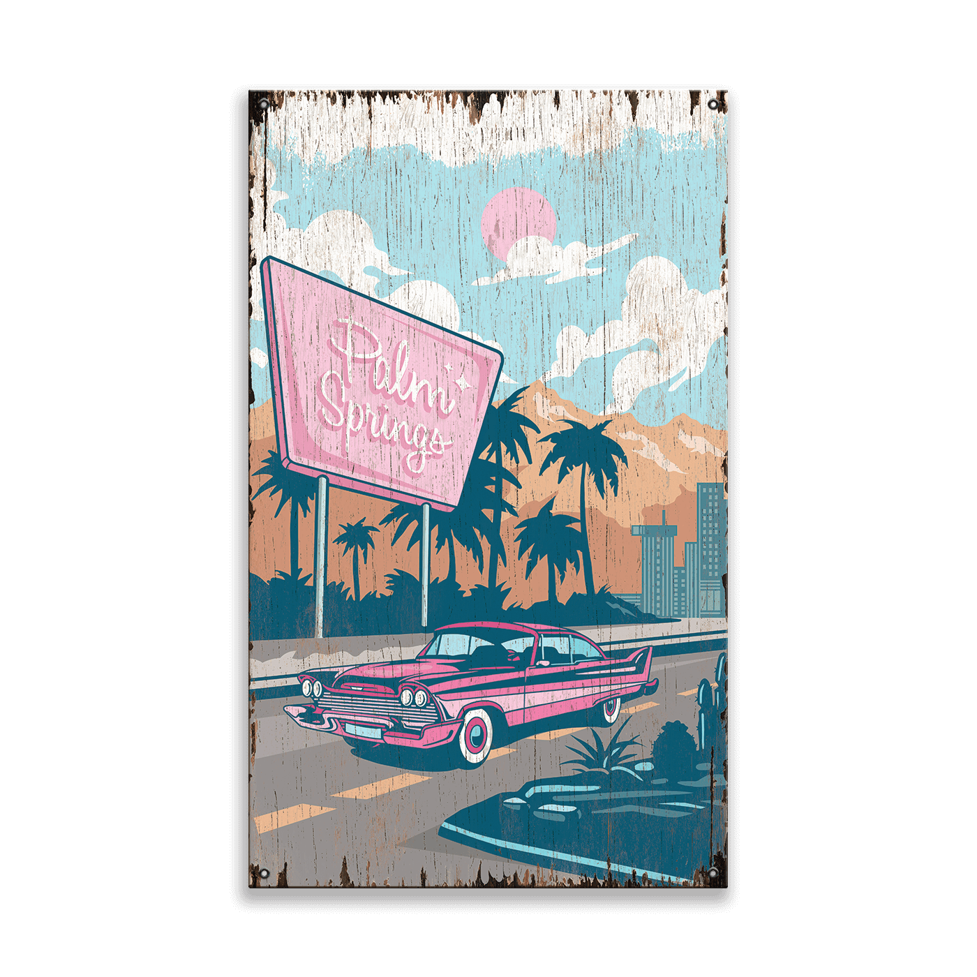Cruising Through Retro Paradise: Distressed - Wood & Metal Wall Art