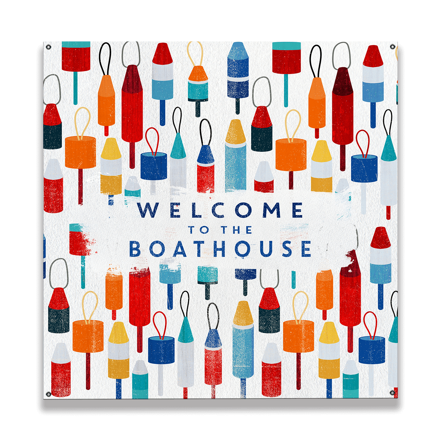 Beach House Buoy Welcome: Square - Wood & Metal Wall Art