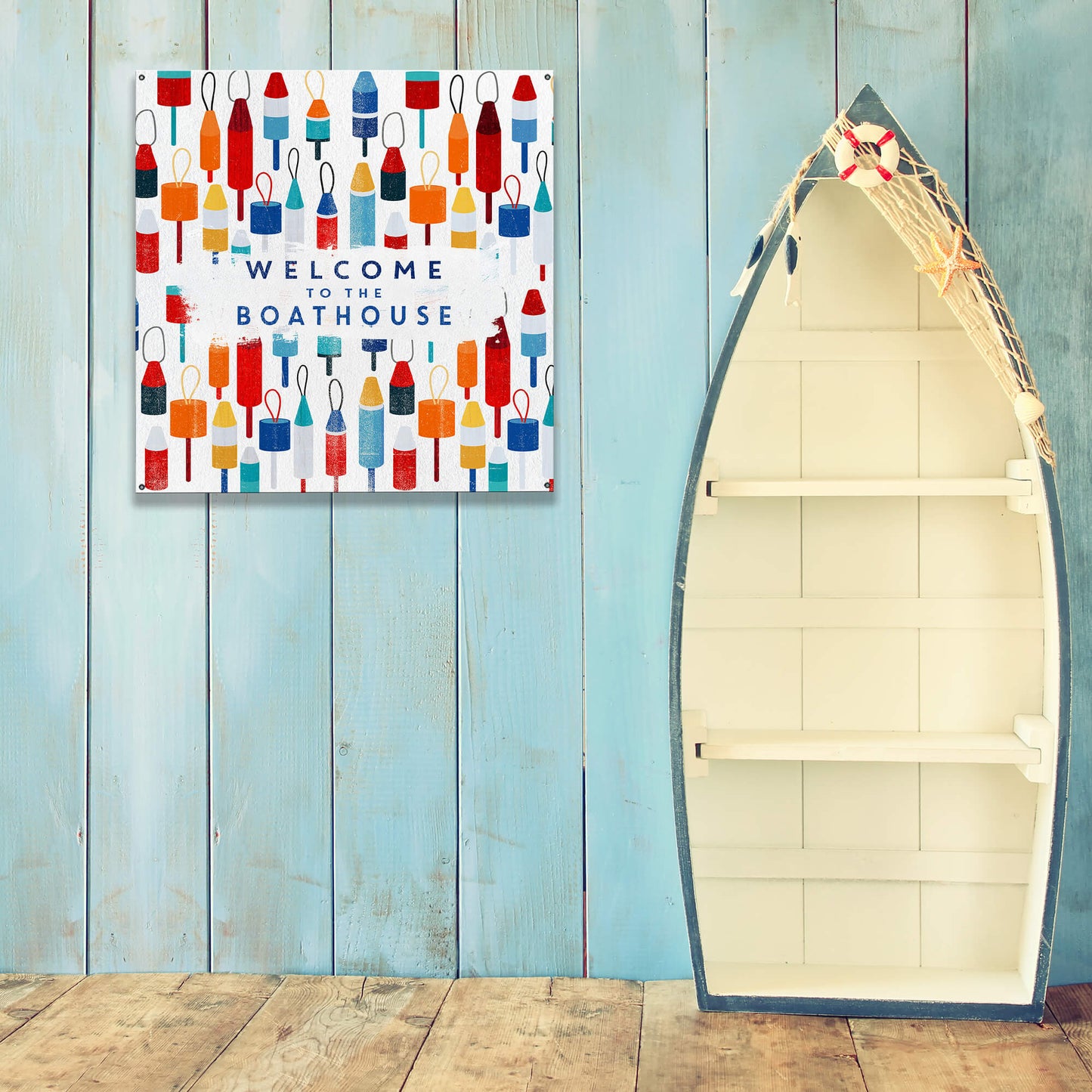 Beach House Buoy Welcome: Square - Wood & Metal Wall Art