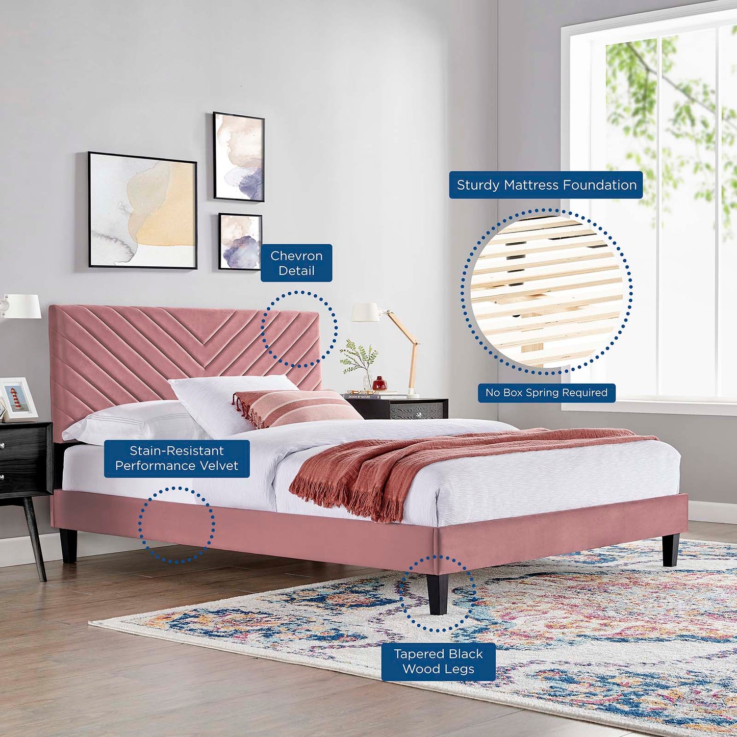 Roxanne Tapered Wood Leg Performance Velvet Queen Platform Bed by Modway