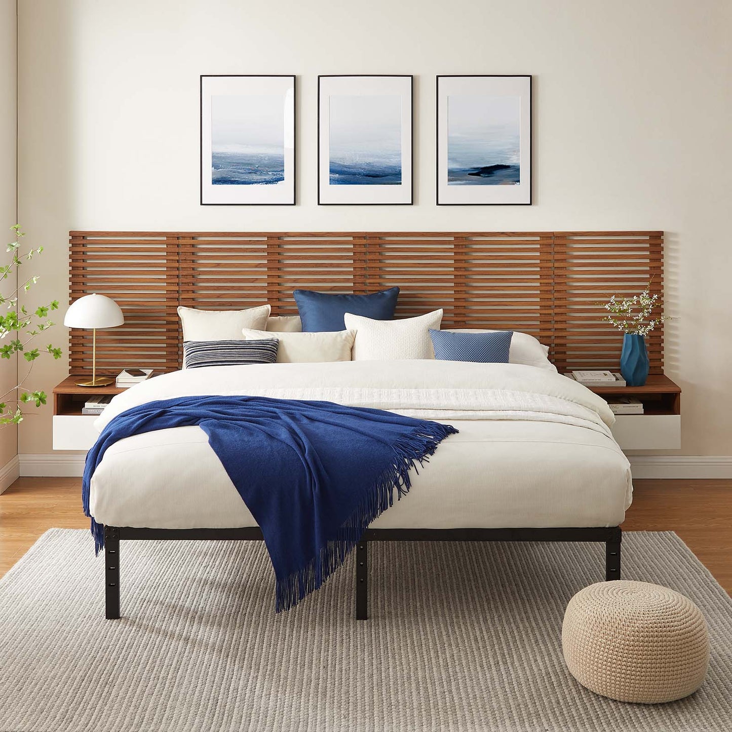 Render Wall Mount King Headboard and Modern Nightstands by Modway