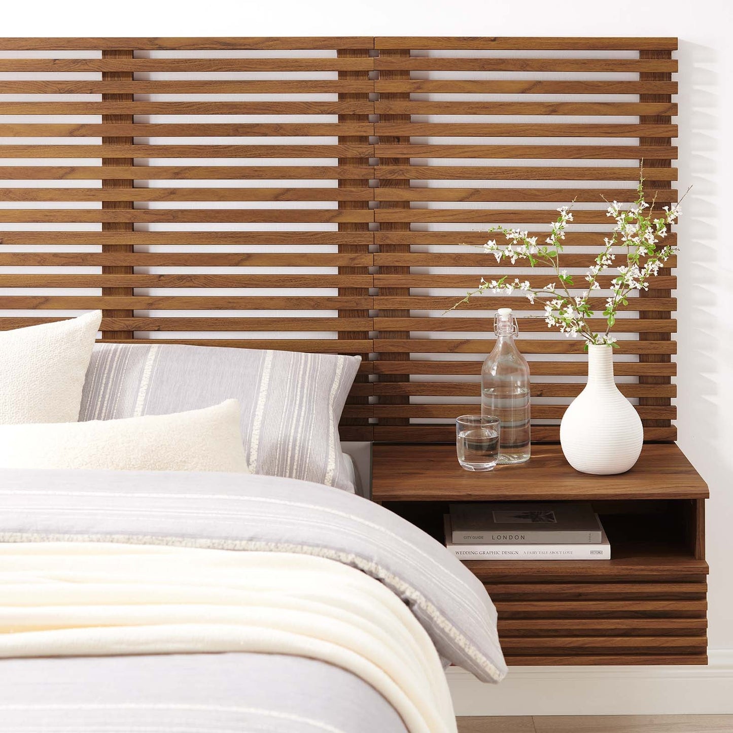 Render Wall Mount Twin Headboard and Modern Nightstands by Modway