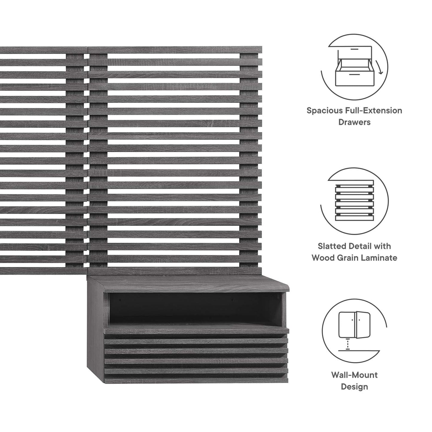 Render Wall Mount Queen Headboard and Modern Nightstands by Modway