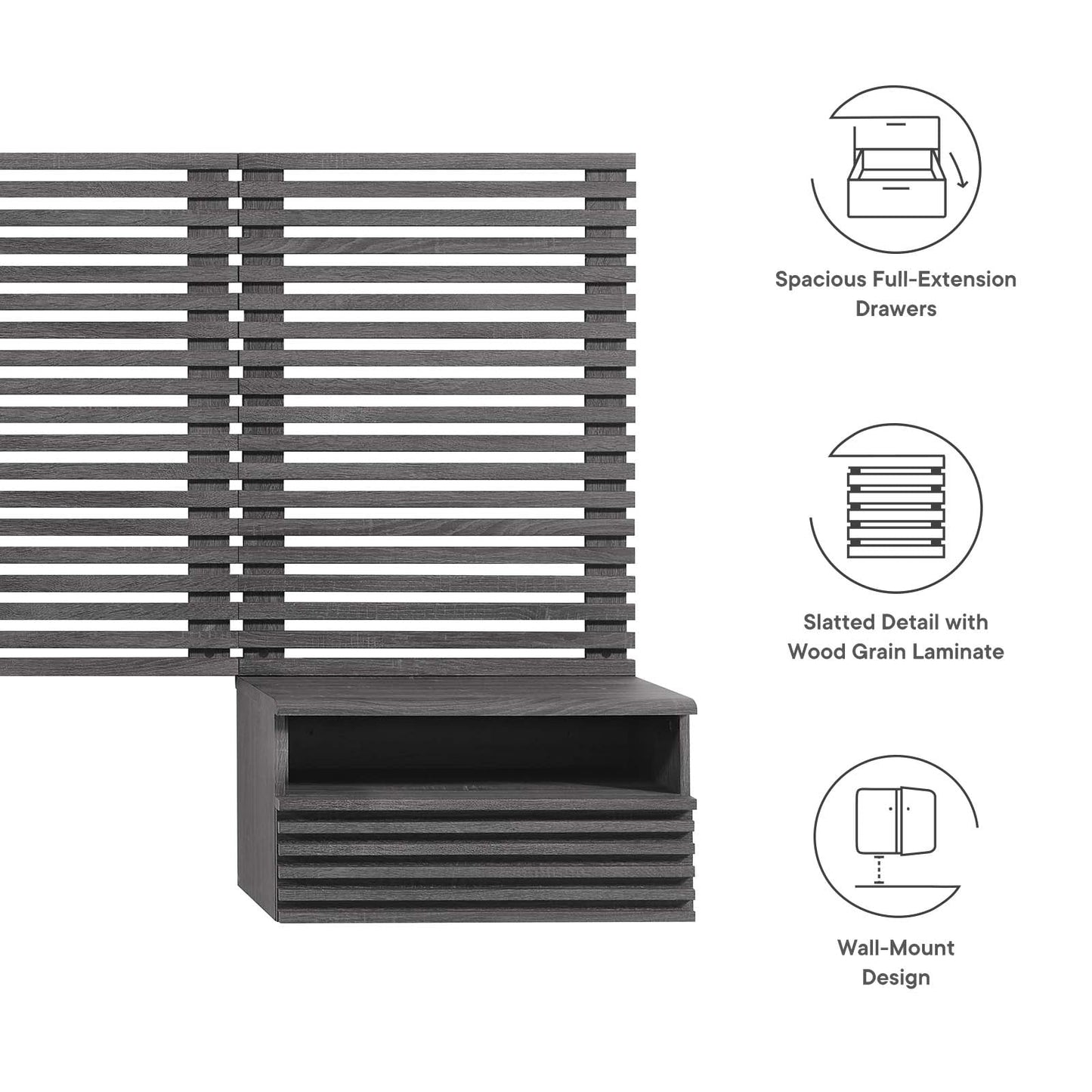 Render Wall Mount King Headboard and Modern Nightstands by Modway