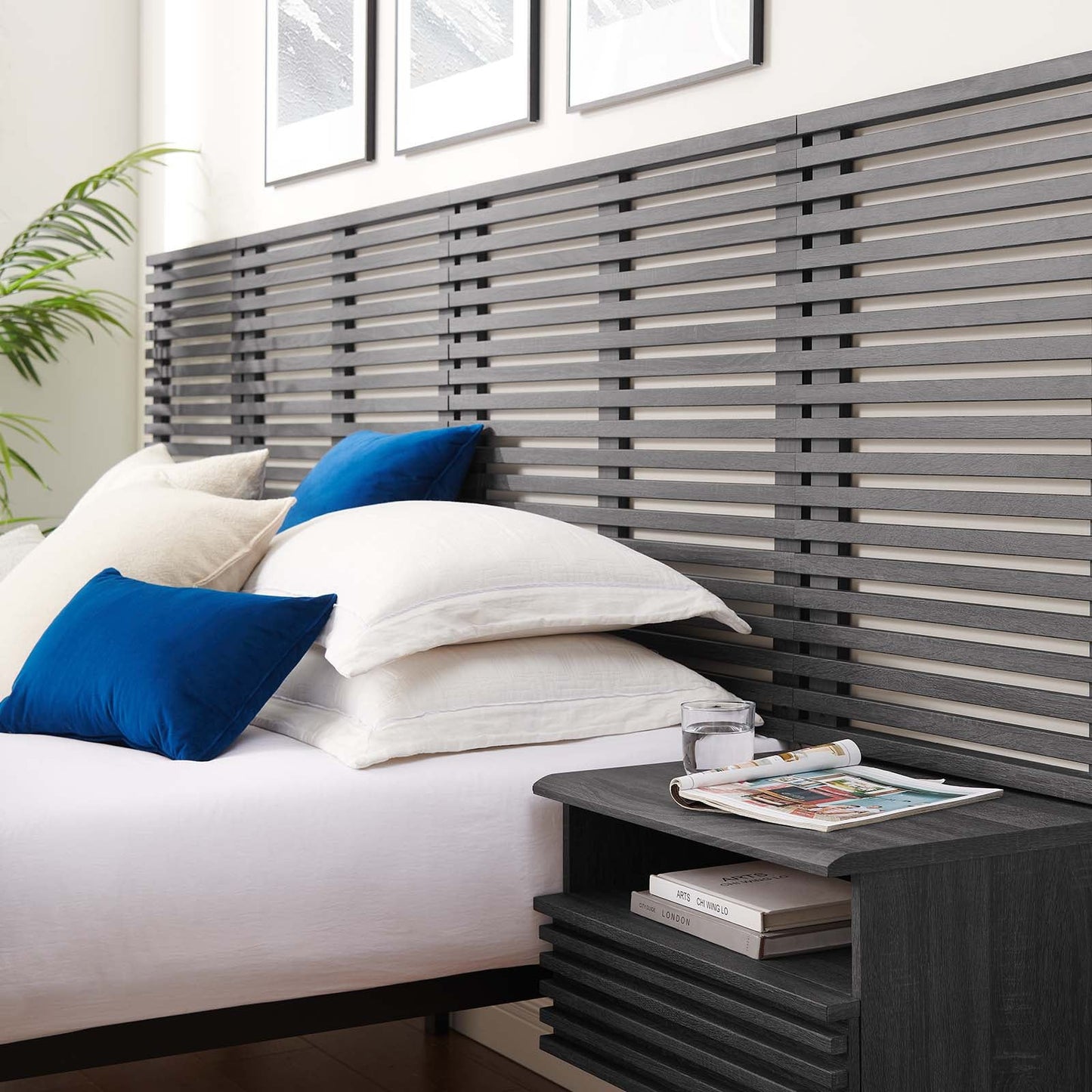 Render Wall Mount King Headboard and Modern Nightstands by Modway